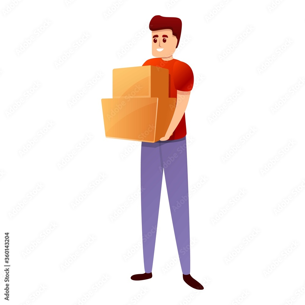 Poster smiling courier with boxes icon. cartoon of smiling courier with boxes vector icon for web design is