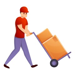 Courier with box cart icon. Cartoon of courier with box cart vector icon for web design isolated on white background