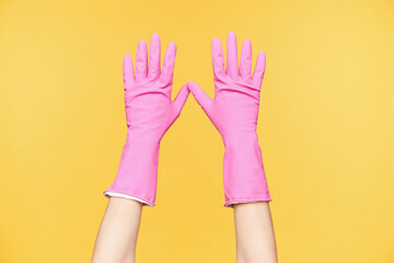 Obraz premium Front view of raised hands in red rubber gloves being isolated against orange background, keeping all fingers separately. Human hands and body concept