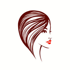 Beauty salon and hair studio logo.Wavy hairstyle and elegant makeup illustration.Beautiful woman portrait.Profile view smiling face.Cosmetics and spa icon.Short haircut.