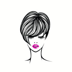 Beauty salon and hair studio logo.Wavy hairstyle and elegant makeup illustration.Beautiful woman portrait.Front view face.Cosmetics and spa icon.Short haircut.