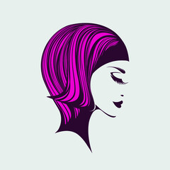 Beauty salon and hair studio logo.Wavy hairstyle and elegant makeup illustration.Beautiful woman portrait.Profile view face.Cosmetics and spa icon.Long eyelashes.