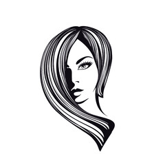 Beauty salon and hair studio logo.Wavy hairstyle and elegant makeup illustration.Beautiful woman portrait.Front view face.Cosmetics and spa icon.