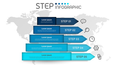 Obraz premium Pyramid shape elements with steps,options,milestone,processes or workflow.Business data visualization.Creative step infographic on world map background template for presentation,vector illustration.