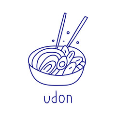 Udon. Noodle soup. Vector hand drawn outline badge illustration. Concept for cafe, restaurant.