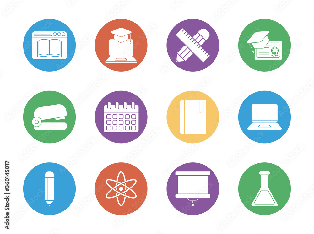Poster education school and university block style icon set vector design