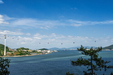 Beautiful cable car and harbor background blue sky and mountain.