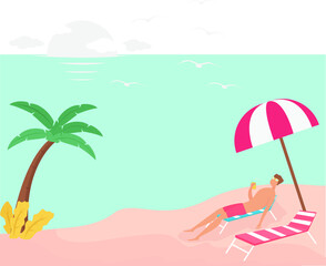 Fototapeta na wymiar Summer vector concept: female figure drinking orange juice while lying on sun chair under the parasol at the beach
