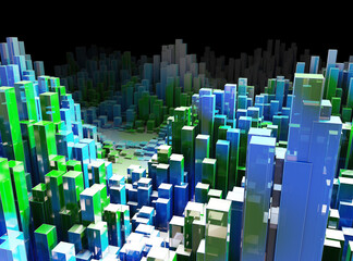 Fototapeta premium Big Data. 3D illustration abstract infographic with blue green columns. Business and finance analytics representation. Futuristic geometric analyze data concept.