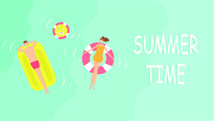Summertime vector concept: top down view of couple relaxing on inflatable rings over water