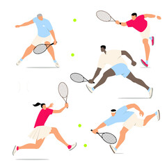 Shot, match pose competition. Ball hit collection. Man and racket. Set of vector illustration of man character holding tennis racquet and striking different posses isolated on white background