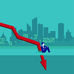 Economy crisis vector concept: Stressed businessman sitting on the bridge next to a declining business chart