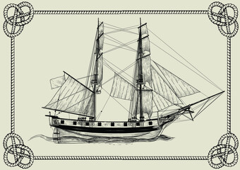 A beautiful old sailing ship painted as engraving. framed from a rope