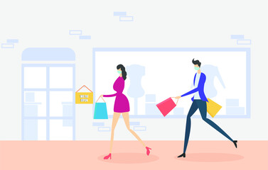 New Normal vector concept: Couple wearing face mask holding shopping bags while walking in front of some clothing stores