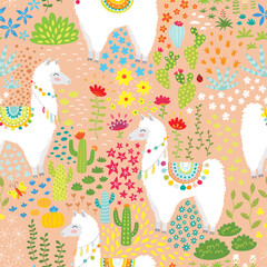 seamless pattern with cute llama alpaca and flowers cactus © artnLera