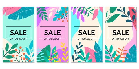 Sale banner template set with leaves for social media story. Floral discount background with price off for promo card, flyer or poster. Spring and summer backdrop for ad. Vector illustration.