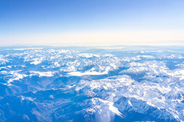 Flight over the snow capped mountains of the Pyrenees