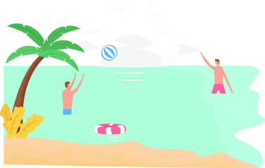 Summer vector concept: two male figures playing ball on the shore