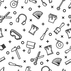 Seamless outline pattern with working tools for construction building and home repair icons. Vector illustration. Elements for design. Hand work tools collection. Graphic texture for design, wallpaper