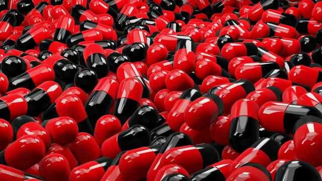 Top view of many capsule pills (red and black capsule) moving in the same direction. Drugs for treatment medication. Anti covid. 3D rendering