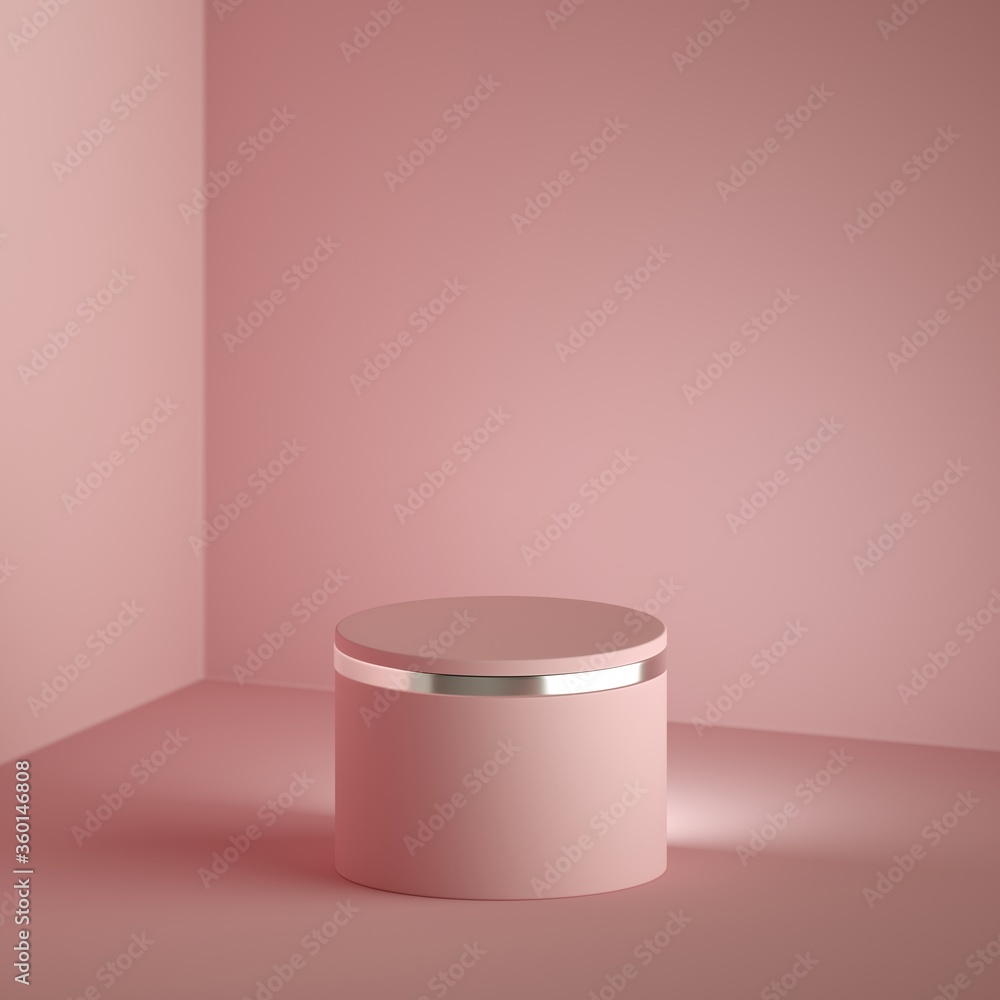 Poster 3d render abstract minimal pink background with copy space. empty podium with silver decor, vacant c