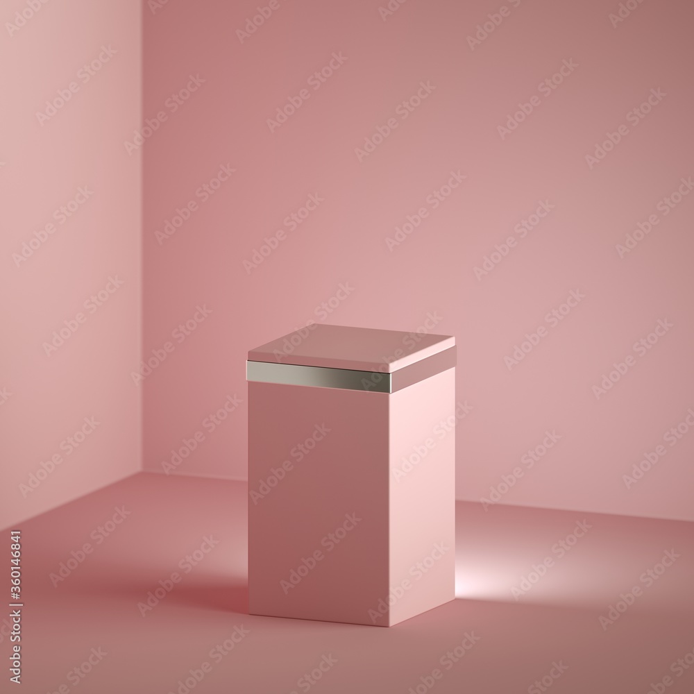 Poster 3d render abstract minimal pink background with copy space. empty podium with silver decor, vacant c