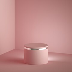 3d render abstract minimal pink background with copy space. Empty podium with silver decor, vacant cylinder pedestal, blank round box mockup isolated inside pink minimal room. Fashion shop display