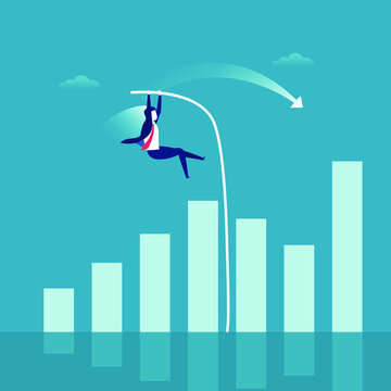 Business challenge vector concept: businessman using a pole to jump over 