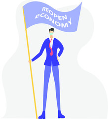 Reopening Economy vector concept: businessman holding a purple flag written 