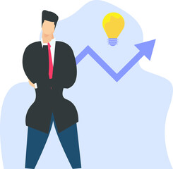 Business idea vector concept: portrait of faceless businessman thinking over the purple arrow chart and lightbulb icons