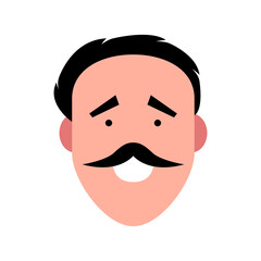 Vector illustration of a smiling man with mustache. Portrait of handsome cheerful face. Avatar, profile, ID picture of adult person. Human head illustration with fancy hairstyle