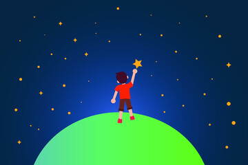 Dream vector concept: back view of a  boy reaching for the stars