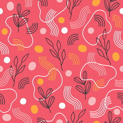 Abstract cartoon seamless pattern with wave lines, outline branches, shapes