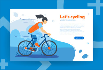 Girl riding on bicycle, flat style vector illustration. Riding in park, forest, hill. Banner, site, poster template with copy text space. Sport concept.