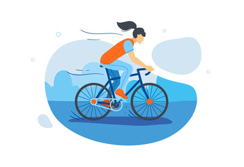 Girl riding on bicycle, flat style vector illustration. Riding in park, forest, hill. Banner, site, poster template with copy text space. Sport concept.