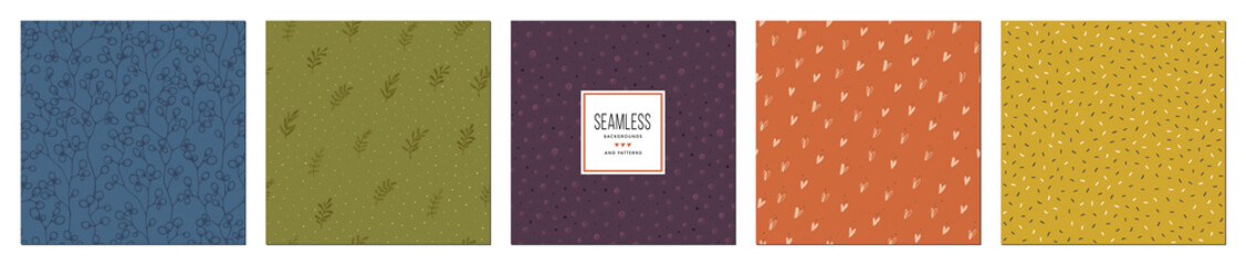 Trendy seamless patterns set. Rustic floral design. For fashion fabrics, kid’s clothes, home decor, quilting, T-shirts, backgrounds, cards and templates, scrapbooking etc. 