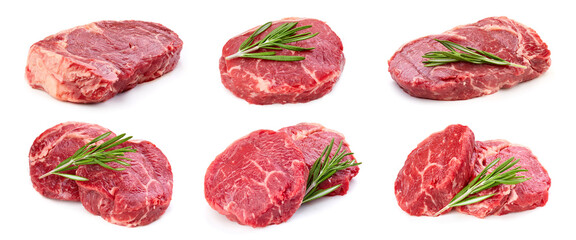 Collection raw beef isolated on white background. Beef steak with clipping path