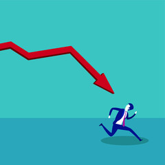 Recession vector concept: businessman running away from the chasing red arrow chart