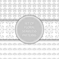 Gray and white floral seamless patterns. Compilation of designs with flowers