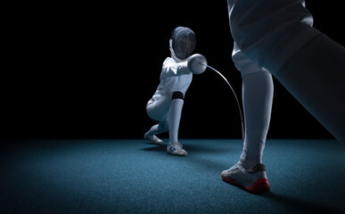 Two fencers are fighting in a tournament. The concept of fencing.