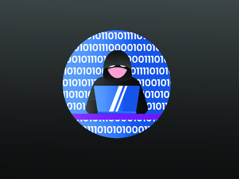 Hacking vector concept: hacker  wearing a hood with binary code background while typing on his/her computer