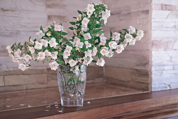 Flowers of an English dogwood or sweet mock-orange in a vase. Philadelphus coronaries flowers in a crystal trendy vase on a fireplace shelf. white summer bouquet.
