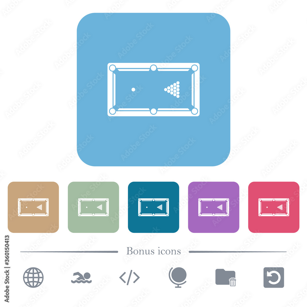 Poster billiard table initial state flat icons on color rounded square backgrounds