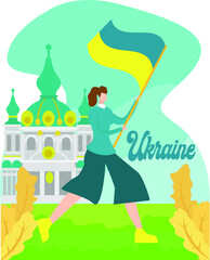 Obraz na płótnie Canvas St. Sophia's Cathedral vector concept: man waving around Ukraine national flag near St. Sophia's Cathedral
