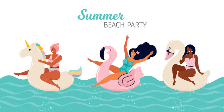 Happy women at a summer beach party. People swim in the pool or in the sea on the inflatable floats, flamingos, Swan, unicorn. Pool Party summer horizontal banner. Hand drawn flat vector illustration