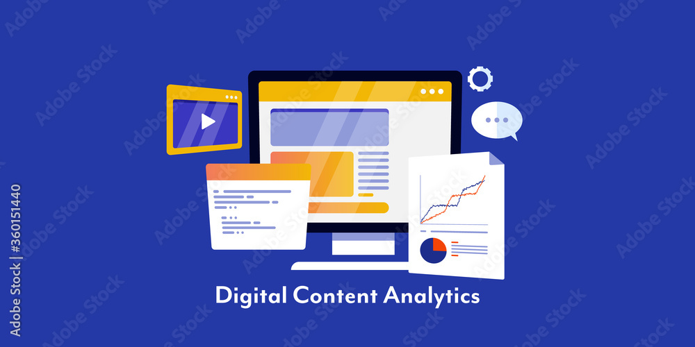 Poster digital marketing report, content analysis, online website audit and data analytics, diagram with da