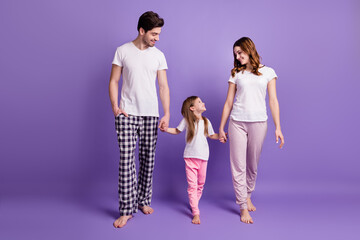 Full length body size view of nice cheerful careful lovely family mom dad offspring daughter...