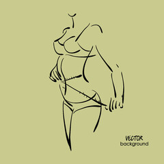 art background with measuring waist beautiful young sexy fitness woman, sketch vector
