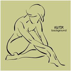 art  background with sitting nude beautiful sexy young woman, sketch vector 