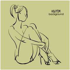 art  background with sitting nude beautiful sexy young woman, sketch vector 